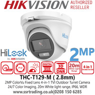 HiLook 2MP ColorVu Fixed Lens Outdoor TVI/AHD/CVI/CVBS Turret Camera with 20m White Light Range - THC-T129-M (2.8mm)