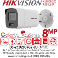 Hikvision 4K ColorVu AcuSense Fixed Lens Outdoor 8MP Bullet Network PoE Camera with Built in Microphone, 24/7 Colorful imaging, 40m White light range - DS-2CD2087G2-LU (4mm)
