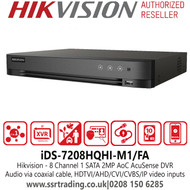 Hikvision iDS-7208HQHI-M1/FA 8 Channel 1 SATA 2MP AoC AcuSense 8Ch DVR  Audio via coaxial cable, HDTVI/AHD/CVI/CVBS/IP video inputs 