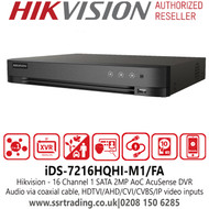 Hikvision 16 Channel 2MP AoC AcuSense 1 SATA 16Ch DVR Audio via coaxial cable, HDTVI/AHD/CVI/CVBS/IP video inputs - iDS-7216HQHI-M1/FA