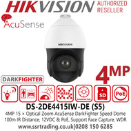 Hikvision 4MP AcuSense DarkFighter Network PoE PTZ Speed Dome Camera With 100m IR Distance - 15 × Optical zoom, 16 × Digital zoom - DS-2DE4415IW-DE(S5)