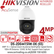 Hikvision DS-2DE4415IW-DE(S5) 4MP AcuSense DarkFighter Network PoE PTZ Speed Dome Camera With 100m IR Distance - 15 × Optical zoom, 16 × Digital zoom 
