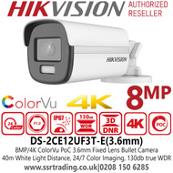 Hikvision 4K 8MP ColorVu PoC Fixed Lens Outdoor Bullet Camera with 40m White Light Range - 24/7 Color Imaging - DS-2CE12UF3T-E(3.6mm)
