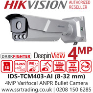 Hikvision 4MP Darkfighter Varifocal Lens Licence Plate Recognition ANPR Bullet Camera - 100m IR Range - Alarm I/O - IDS-TCM403-AI (8-32mm)