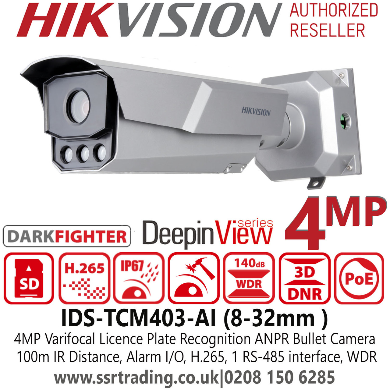 Hikvision 4MP Darkfighter Varifocal Lens Licence Plate Recognition ANPR  Bullet Camera - 100m IR Range - Alarm I/O - IDS-TCM403-AI (8-32mm)