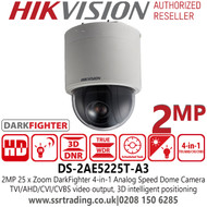 Hikvision 2MP Darkfighter 4-in-1 TVI/AHD/CVI/CVBS Analog Speed Dome Camera with - 25× optical zoom, 16× digital zoom - DS-2AE5225T-A3
