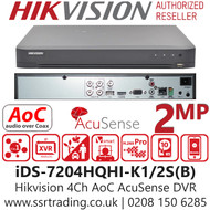 Hikvision 4 Channel 2MP AcuSense AoC (Audio via over coaxial cable) H.265 Compression 1 SATA 4Ch DVR iDS-7204HQHI-K1/2S(B)