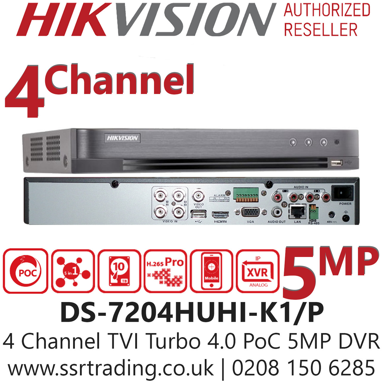 Hikvision 4 Channel 5MP PoC Turbo H.265+ compression 4Ch DVR -  DS-7204HUHI-K1/P
