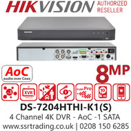 Hikvision 4 Channel 8MP 4K HDMI AoC (Audio via coaxial cable) H.265 Compression 1 SATA 4Ch DVR DS-7204HTHI-K1(S)
