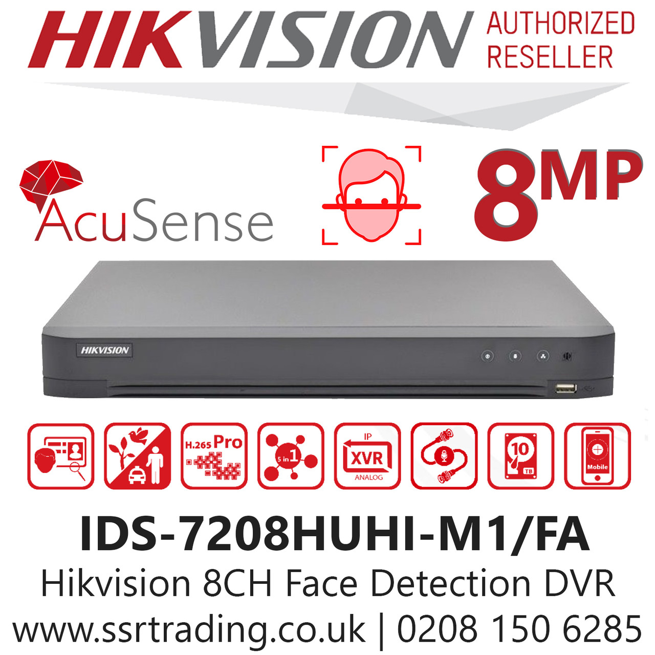 Hikvision 8 Channel 8MP AcuSense AoC (Audio via coaxial cable) Face  Detection H.265 Compression 8Ch DVR IDS-7208HUHI-M1/FA