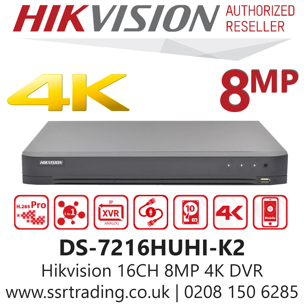Hikvision 16 Channel 8MP 4K AoC (Audio via coaxial cable) H.265 Compression  2 SATA 16Ch DVR