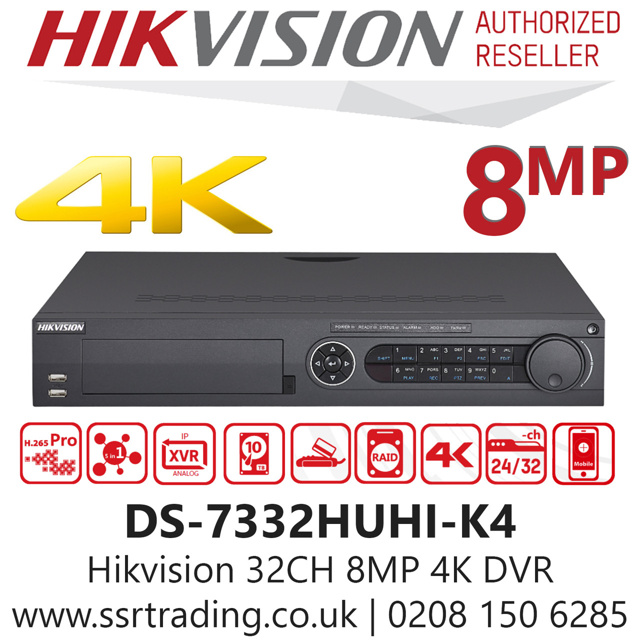 Hikvision Hikvision 32 CHANNEL DVR DS-7332HUHI-K4 TVI/AHD,CVI CVBS 4K 8MP RECORDER+8CH IP 