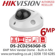 Hikvision 6MP Indoor Mini Dome Network Camera - 2.8mm lens - Built in Mic - 10m IR Range - DS-2CD2563G0-IS