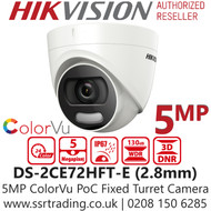 Hikvision 5MP ColorVu PoC Outdoor Turret Camera - 2.8mm Lens - 20m White Light Distance - 24/7 Full Color Imaging - DS-2CE72HFT-E (2.8mm)