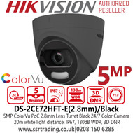 Hikvision 5MP ColorVu PoC Outdoor Black Turret Camera - 2.8mm Lens - 20m White Light Distance - 24/7 Full Color Imaging - DS-2CE72HFT-E (2.8mm)/Black