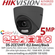 Hikvision DS-2CE72HFT-E (2.8mm)/Black 5MP ColorVu PoC Outdoor Black Turret Camera - 2.8mm Lens - 20m White Light Distance - 24/7 Full Color Imaging 