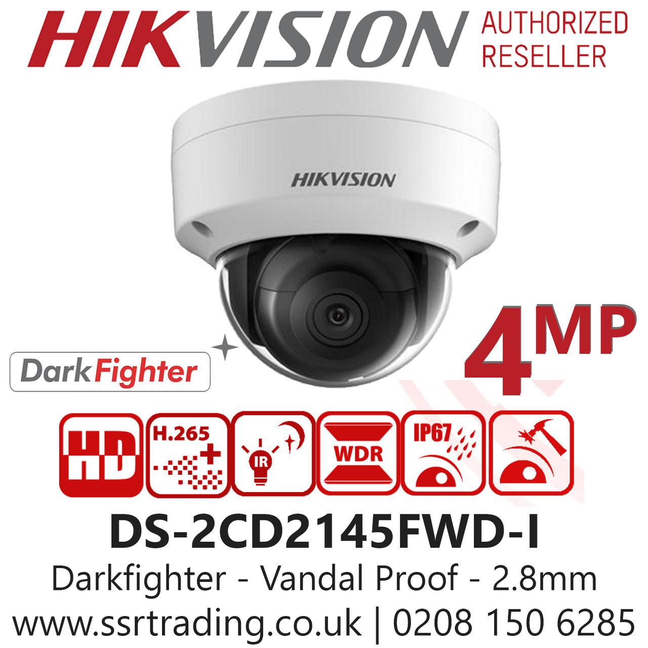 Hikvision 4MP 2.8mm IP PoE Darkfighter Vandal Dome Network Camera - 30m IR  distance - DS-2CD2145FWD-I