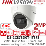 Hikvision 2MP 2.8mm Lens Built-in Mic AoC 40m IR Range EXIR Turret Camera DS-2CE78D0T-IT3FS