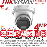 Hikvision DS-2CD2347G2-LSU/SL 4MP 2.8mm Lens ColorVu Strobe Light and Audible Warning Turret PoE Network Camera - Two way audio - 24/7 colorful imaging 