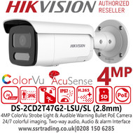 Hikvision 4MP ColorVu Strobe Light and Audible Warning Fixed Lens Bullet PoE Network Camera - Two way audio - 24/7 colorful imaging - DS-2CD2T47G2-LSU/SL (2.8mm)