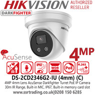 Hikvision 4MP IP PoE AcuSense Darkfighter Built-in MIC Outdoor Turret Camera - DS-2CD2346G2-IU (C) (4mm) 