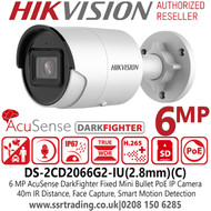 Hikvision AcuSense 6MP fixed lens Darkfighter Mini Bullet Camera with IR & Built in MIC PoE Camera - DS-2CD2066G2-IU (2.8mm)
