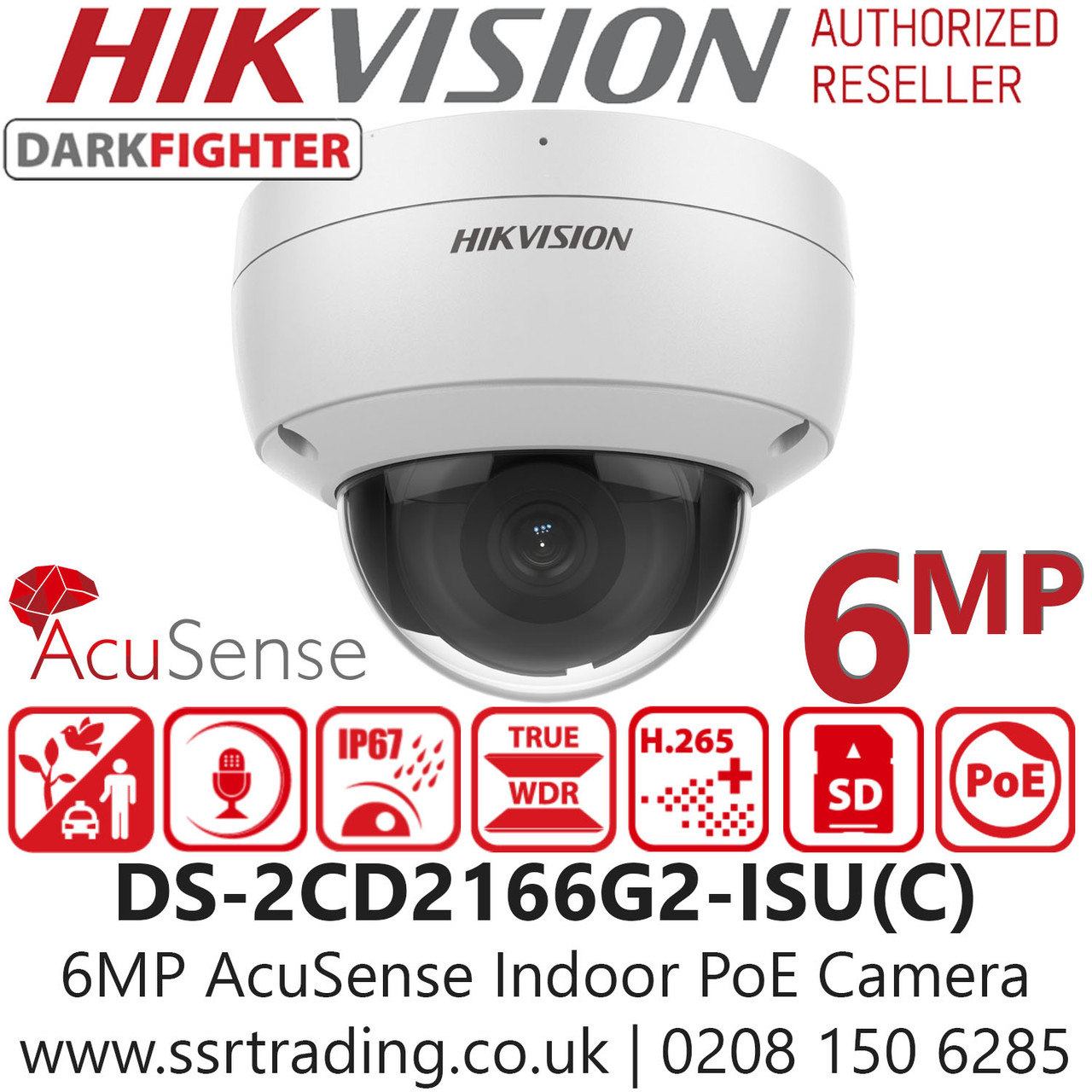 Hikvision 6MP AcuSense Darkfighter Indoor PoE IP Dome Camera - Built in ...