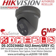 Hikvision 6MP IP PoE AcuSense DarkFighter Fixed Lens Grey Turret Network Camera - Built-in Microphone - DS-2CD2366G2-IU (2.8MM)/GREY (C )