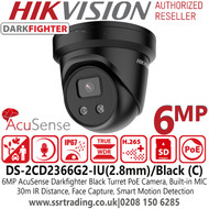 Hikvision 6MP IP PoE AcuSense DarkFighter Fixed Lens Black Turret Network Camera - Built-in Microphone - DS-2CD2366G2-IU (2.8MM)/BLACK (C )