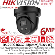 Hikvision 6MP IP PoE AcuSense DarkFighter Fixed Lens Black Turret Network Camera - Built-in Microphone - DS-2CD2366G2-IU (4MM)/BLACK (C )