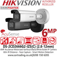 Hikvision DS-2CD2666G2-IZS (2.8-12 mm) 6MP IP PoE AcuSense DarkFighter Motorized Varifocal Lens Bullet Network Camera in Black / White Color