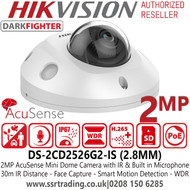 Hiikvision 2MP IP PoE AcuSense Darkfighter Fixed Lens Mini Dome Network Camera with IR & Built in Microphone - DS-2CD2526G2-IS (2.8mm)