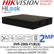 HiLook 8 Channel 1080p Lite AoC 1U H.264 8Ch DVR - DVR-208G-F1(B)(S) 