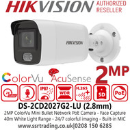 Hikvision 2MP ColorVu Fixed Lens Mini Bullet Network PoE Camera - Built-in microphone - 40m White Light Range - DS-2CD2027G2-LU (2.8mm)