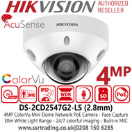 Hikvision DS-2CD2547G2-LS (2.8mm) 4MP ColorVu Fixed Lens Mini Dome Network PoE Camera - Built-in microphone - 30m White Light Range