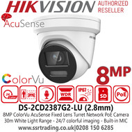 Hikvision DS-2CD2387G2-LU (2.8mm) 8MP ColorVu AcuSense Fixed Lens Turret Network PoE Camera - Built-in microphone - 30m White Light Range 