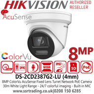 Hikvision DS-2CD2387G2-LU (4mm) 8MP ColorVu AcuSense Fixed Lens Turret Network PoE Camera - Built-in microphone - 30m White Light Range