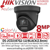 Hikvision DS-2CD2387G2-LU/BLACK (2.8mm) 8MP ColorVu AcuSense Fixed Lens Black Turret Network PoE Camera - Built-in microphone - 30m White Light Range 