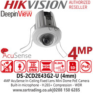 Hikvision DS-2CD2E43G2-U (4mm) 4MP AcuSense in-ceiling mini Network PoE Dome Camera - Built in microphone 