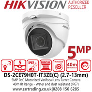 Hikvision DS-2CE79H0T-IT3ZE(C) (2.7mm -13.5 mm) 5MP PoC Motorized Varifocal Outdoor Turret Camera - 40m IR Distance