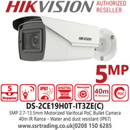 Hikvision DS-2CE19H0T-IT3ZE(C) 5MP PoC Outdoor Bullet Camera - 2.7-13.5mm Motorized Varifocal Lens - 40m IR Distance 