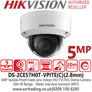 Hikvision DS-2CE57H0T-VPITE( C) 5MP PoC Indoor Vandal Dome Camera - 2.8mm Fixed Lens - 20m IR Distance 