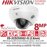 Hikvision 8MP AcuSense IP PoE Mini Dome Camera with IR & Built in mic - 2.8mm Fixed Lens - 30m IR Range - DS-2CD2583G2-IS
