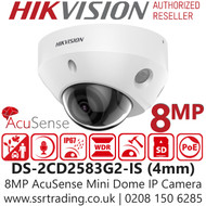 Hikvision - 8MP AcuSense IP PoE Mini Dome Camera with IR & Built in mic - 4mm Fixed Lens - 30m IR Range - DS-2CD2583G2-IS