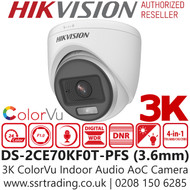 Hikvision 3K ColorVu Indoor Audio AoC 4-in-1 Turret Camera - 3.6mm lens - 20m IR White Light Range - DS-2CE70KF0T-PFS