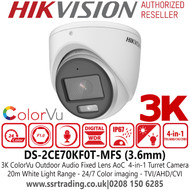 Hikvision DS-2CE70KF0T-MFS 3K ColorVu Outdoor Audio AoC 4-in-1 Turret Camera - 3.6mm lens - 20m IR White Light Range 