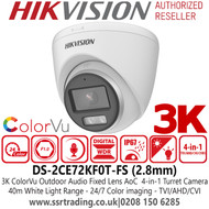 Hikvision DS-2CE72KF0T-FS 3K ColorVu Outdoor Audio AoC 4-in-1 Turret Camera - 2.8mm lens - 40m IR White Light Range