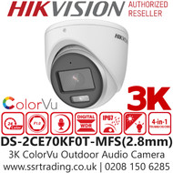 Hikvision 3K ColorVu Outdoor Audio AoC 4-in-1 TVI Turret Camera - 2.8mm lens - 20m IR White Light Range - DS-2CE70KF0T-MFS