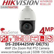 Hikvision 4MP 25 x Optical Zoom AcuSense DarkFighter IR Network PoE Speed Dome PTZ Camera - 100 m IR Distance - Face capture - DS-2DE4425IW-DE(T5)