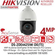 Hikvision DS-2DE4425IW-DE(T5) 4MP 25 x Optical Zoom AcuSense DarkFighter IR Network PoE Speed Dome PTZ Camera - 100 m IR Distance - Face capture 